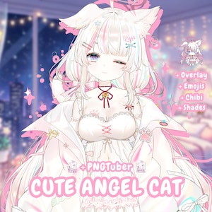 Peut inclure: Illustration numérique d'un personnage mignon de chat ange avec des cheveux blancs et des accents roses. Le personnage porte une robe blanche, a des oreilles de chat et un halo. Le texte sur l'image indique "Cute Angel Cat" et répertorie des fonctionnalités telles que "Overlay" et "Emojis."