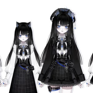 Puede incluir: Cuatro figuras de arte digital de un personaje femenino con cabello negro y ojos azules, vistiendo atuendos de estilo g&oacute;tico lolita. Los atuendos incluyen una falda negra, una blusa blanca y accesorios. La palabra "Toggles" est&aacute; en la esquina superior derecha.