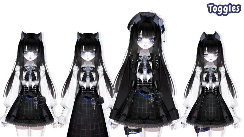 Puede incluir: Cuatro figuras de arte digital de un personaje femenino con cabello negro y ojos azules, vistiendo atuendos de estilo g&oacute;tico lolita. Los atuendos incluyen una falda negra, una blusa blanca y accesorios. La palabra "Toggles" est&aacute; en la esquina superior derecha.