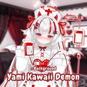 May include: An anime-style character with white hair and red accents wearing a nurse-inspired outfit with a red heart on the chest, holding a blood bag, with a matching IV stand and red halo, featuring the text +Background Yami Kawaii Demon.