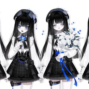 Puede incluir: Cuatro figuras de estilo anime en fila, cada una con pelo largo negro y ojos azules. Llevan blusas blancas, faldas a cuadros negras y accesorios negros. Algunas sostienen objetos como un cuchillo, una flor o un ramo de rosas blancas con cintas azules. La palabra "Toggles" est&aacute; en la parte superior derecha.