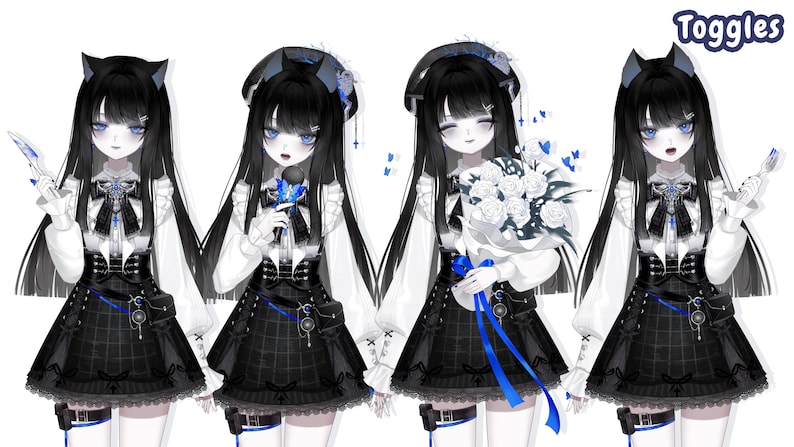 Puede incluir: Cuatro figuras de estilo anime en fila, cada una con pelo largo negro y ojos azules. Llevan blusas blancas, faldas a cuadros negras y accesorios negros. Algunas sostienen objetos como un cuchillo, una flor o un ramo de rosas blancas con cintas azules. La palabra "Toggles" est&aacute; en la parte superior derecha.