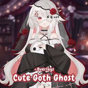 Puede incluir: Ilustración digital de un lindo personaje de fantasma gótico con cabello blanco, ojos rojos y un velo negro adornado con rosas rojas. El personaje sostiene una máscara de calavera blanca y viste un atuendo blanco y negro. El texto en la imagen dice "+ Overlays Cute-Goth Ghost."