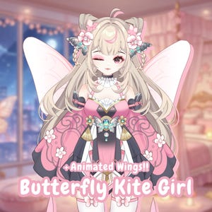 May include: A digital illustration of a character with butterfly-themed elements. The character has long blonde hair, pink butterfly wings, and a pink and black dress. The text "+ Animated Wings!!" and "Butterfly Kite Girl" are displayed.