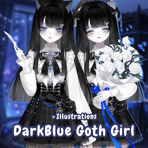 May include: Illustration of two anime-style figures in dark blue and black gothic attire. One holds a knife, the other a bouquet of white roses tied with a blue ribbon. The text "DarkBlue Goth Girl" is at the bottom.