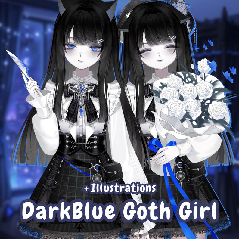 Puede incluir: Ilustraci&oacute;n de dos figuras de estilo anime con atuendos g&oacute;ticos azul oscuro y negro. Una sostiene un cuchillo, la otra un ramo de rosas blancas atado con una cinta azul. El texto "DarkBlue Goth Girl" est&aacute; en la parte inferior.