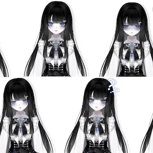 Puede incluir: Ilustraci&oacute;n digital de un personaje con cabello largo y negro y piel p&aacute;lida, que muestra varias expresiones faciales. El personaje viste un atuendo blanco y negro con un lazo. La imagen incluye las palabras "Expressions" y "Emotes".
