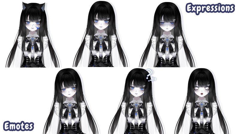 Puede incluir: Ilustraci&oacute;n digital de un personaje con cabello largo y negro y piel p&aacute;lida, que muestra varias expresiones faciales. El personaje viste un atuendo blanco y negro con un lazo. La imagen incluye las palabras "Expressions" y "Emotes".