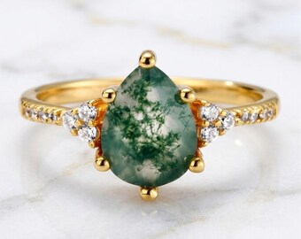Anillo de ágata musgosa natural en forma de lágrima, anillo de compromiso vintage, delicada joya de piedra verde, oro, estilo art déco, botánico, regalo de aniversario para ella.