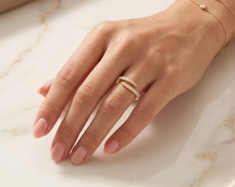 Anillo ajustable de plata de ley 925 con diseño de bypass para mujer - Anillo abierto con deslumbrante pavé de circonitas cúbicas - Anillo minimalista apilable - Regalo de joyería fina para ella