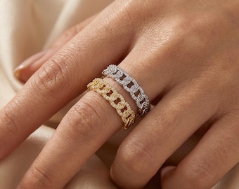 Anillo cubano con pavé brillante, banda de cadena ajustable de oro y plata, joyería minimalista llamativa, anillo apilable delicado, regalo para ella.