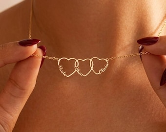 Collar personalizado de 3 corazones con nombres de niños, collar personalizado de múltiples corazones para mamá, regalo de joyería familiar, chapado en oro o plata.