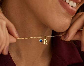 Personalized Initial & Heart Birthstone Necklace, Custom First English Letter Pendant, Heart Shaped Gemstone Jewelry, Dainty Gift for Her