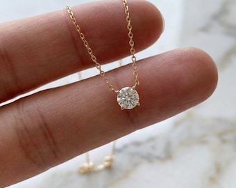 Dainty Solitaire Diamond Necklace - Minimalist 14K Gold Floating Diamond Pendant - Elegant Everyday Jewelry - Tiny Sparkle Gift for Her