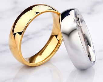 Elegante anillo de boda clásico de acero inoxidable plateado de 6 mm, pulido brillante, para hombre y mujer, joyería minimalista hipoalergénica para parejas.