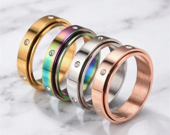 Anillo giratorio antiestrés para aliviar la ansiedad – Elegante banda de acero inoxidable – Joyería minimalista unisex antiestrés – Duradero y profesional