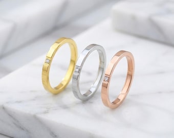 Anillo minimalista apilable de oro de 18 quilates con circonita cúbica, banda fina y delicada para mujer, elegante anillo de promesa de boda, regalo de joyería en oro rosa y plata