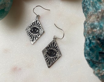 VISIONARY eye stainless steel silver engraved diamond lightweight earrings