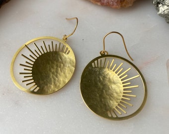 The SUNSHINE simple elegant hammered sun golden dangle earrings