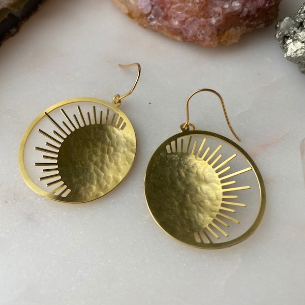 The SUNSHINE simple elegant hammered sun golden dangle earrings