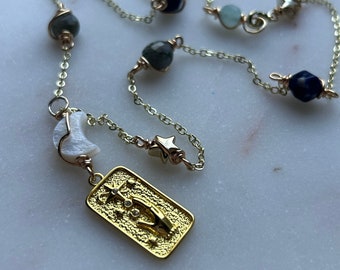 REACH for the Stars gold Luxury wire wrapped gemstones labradorite pearl aquamarine sodalite hand charm destiny necklace