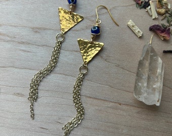 EVIL EYE goddess hammered triangle gold wire wrapped chain fringe earrings