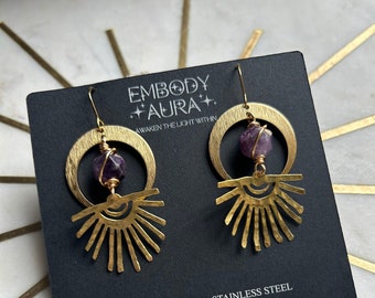 CROWN chakra goddess energy amethyst golden stainless steel healing earrings