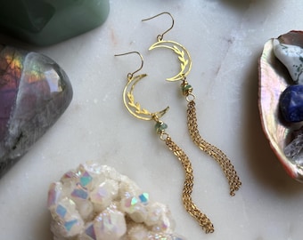NEW MOON crescent golden dangle tassel earrings with green aventurine crystals growth vine nature
