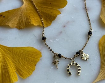 LUCKY LADY wire wrapped with black obsidian charm necklace with horse shoe 4 leaf clover star golden