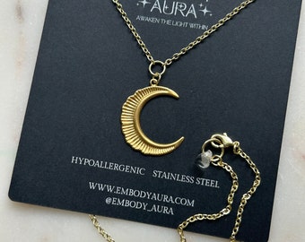 ILLUMINATE new moon golden crescent lightweight layering inspirational vintage inspired  necklace in stainless steel