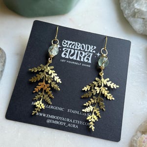Fern Crystal Dangle Earrings, Gold Leaf Botanical Jewelry, Cottagecore Fairy Earrings, Forest Bride Gift