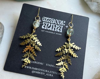FERN gold hammered leaf dangle crystal earrings Forest elegant cottage core fairy jewelry stainless steel whimsical jewelry botanical bride