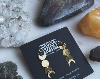 ASCENSION golden moon phase dangle light weight stainless steel hooks hand hammered energy minimal goddess earrings
