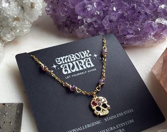 TILL DEATH do us part skull cubic zirconia 14 kt gold filled charm wire wrapped stainless steel layering necklace customize length love