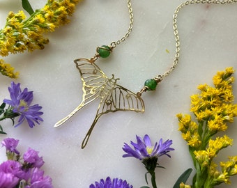 LUNA moth gold and emerald wire wrapped crystal stone necklace