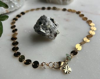 CELEBRATE confetti sparkle gold choker round circle chain layering necklace with crystals four leaf clover charm