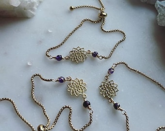 CROWN chakra energy amethyst wrapped stone easy adjust gold stainless steel chain bracelet gift for her calming purple any size