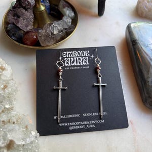 WARRIOR goddess silver sword dangle drop silver stainless steel earring with red jasper unisex wirewrapped cosplay ren fair