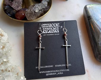 WARRIOR goddess silver sword dangle drop silver stainless steel earring with red jasper unisex wirewrapped cosplay ren fair