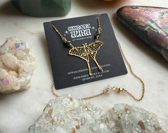 LUNA moth gold stainless steel emerald wire wrapped crystal stone necklace gift for her dainty bug jewelry nature inspired goddess hippie
