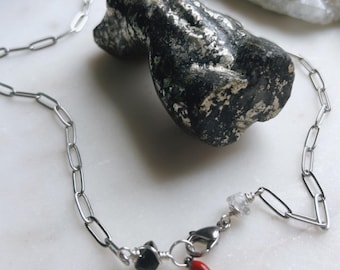 MUY CALIENTE spicy chili pepper silver stainless steel paper clip layering choker necklace with quartz and black obsidian charm