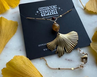 GINKGO balance golden gold stainless steel leaf necklace with yellow quartz and red jasper for balance, longevity, hope and peace