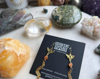 BEE YOU earrings stainless steel jewelry gift for her orange calcite tassel dangle gold golden spring bug garden