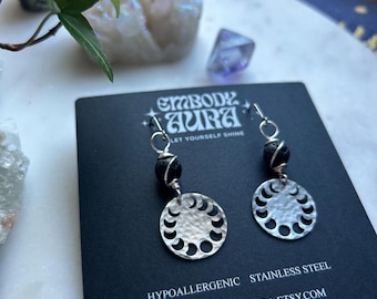 It’s just a Phase silver stainless steel round moon earrings with black lava diffuser rock gift for her or him