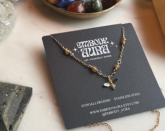 BEE YOU rainbow bee charm with yellow quartz for shining your light gold wire wrapped stainless steel layering necklace customize length