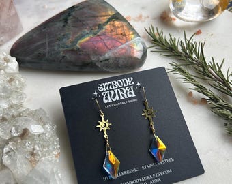 PRISMATIC sun catcher rainbow making earrings stainless steel hooks star moon celestial detail holiday earring for her