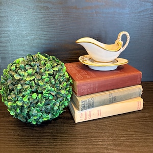 May include: A cream-colored gravy boat with a gold rim and a rope-textured handle sits atop a stack of three vintage hardcover books. Beside the books is a spherical artificial boxwood topiary plant with small green leaves.