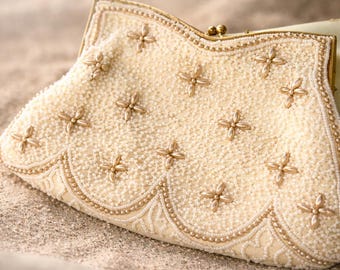 Never Used Vintage Halle Bros Beaded Evening Clutch Original Box 1940s 1950s Bridal Purse