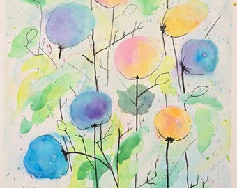 Pintura floral original de técnica mixta de 12x18 pulgadas / Arte botánico en acuarela y tinta, decoración abstracta para pared.