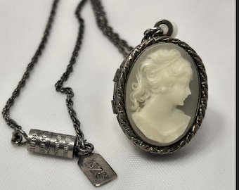 1928 Jewelry Oval Cameo Locket Necklace, Silver Tone